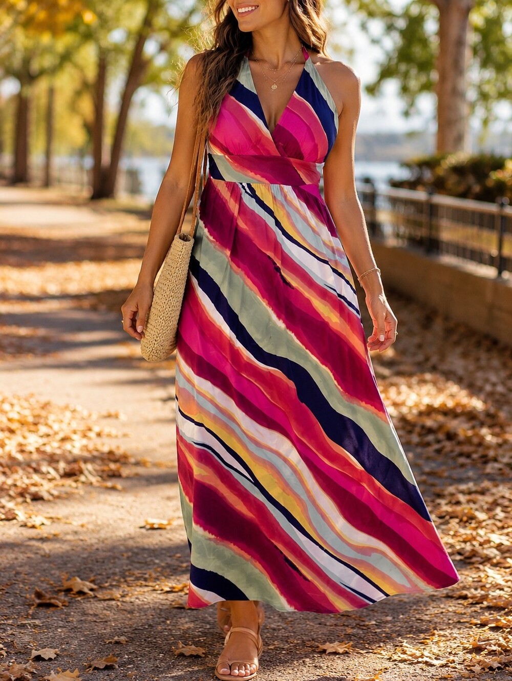 Cristinalove Multicolor Halter Maxi Dress Pink Navy Sunset Stripe Resort